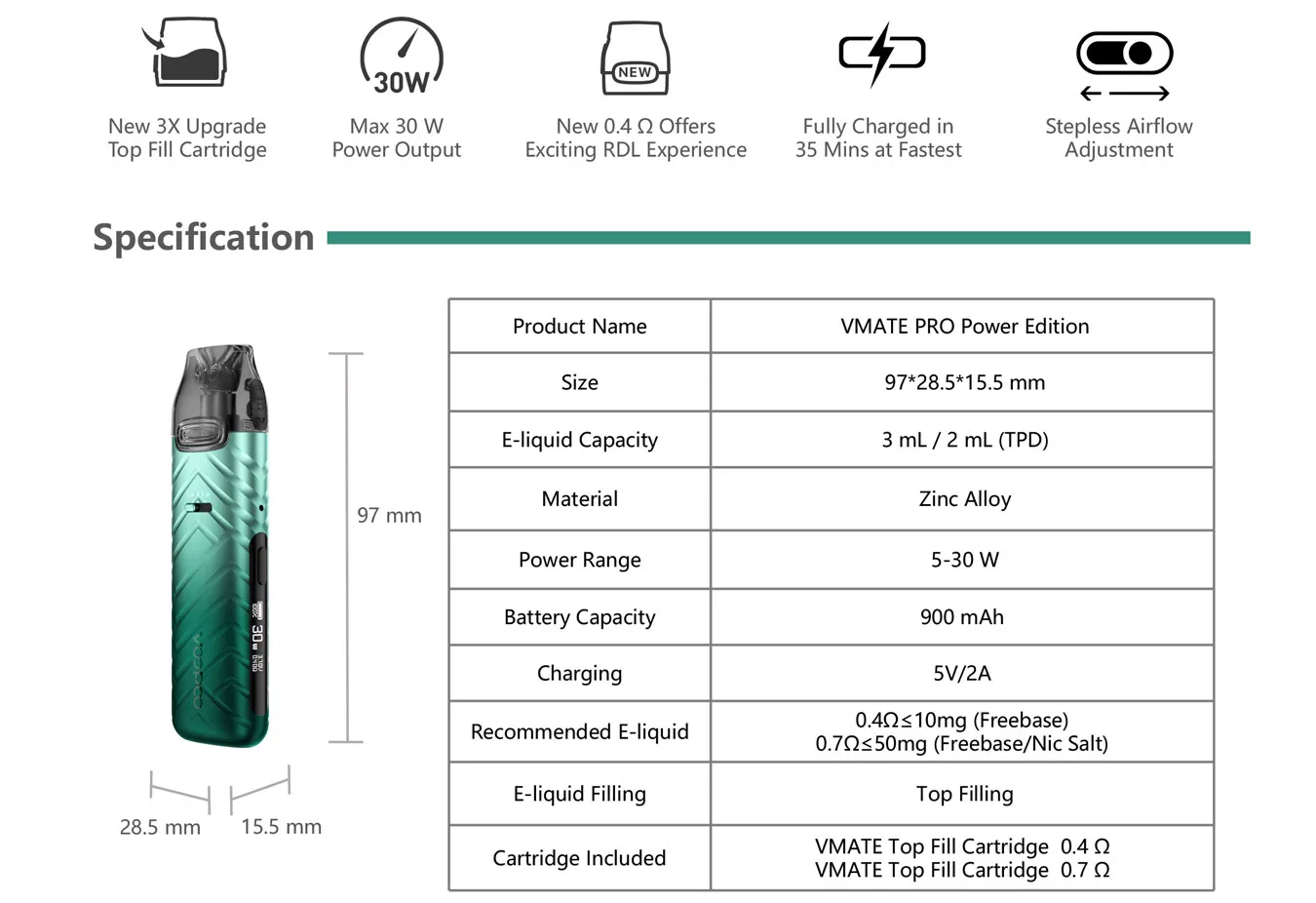 VOOPOO VMATE PRO Power Edition Kit 900mAh 3ml,Auto Power Off if no Operation for 10 Minutes 2